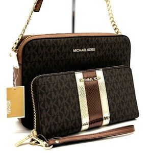 Michael Kors Large EW Zip Chain Xbody Crossbody Bag & Continental Wallet Brown